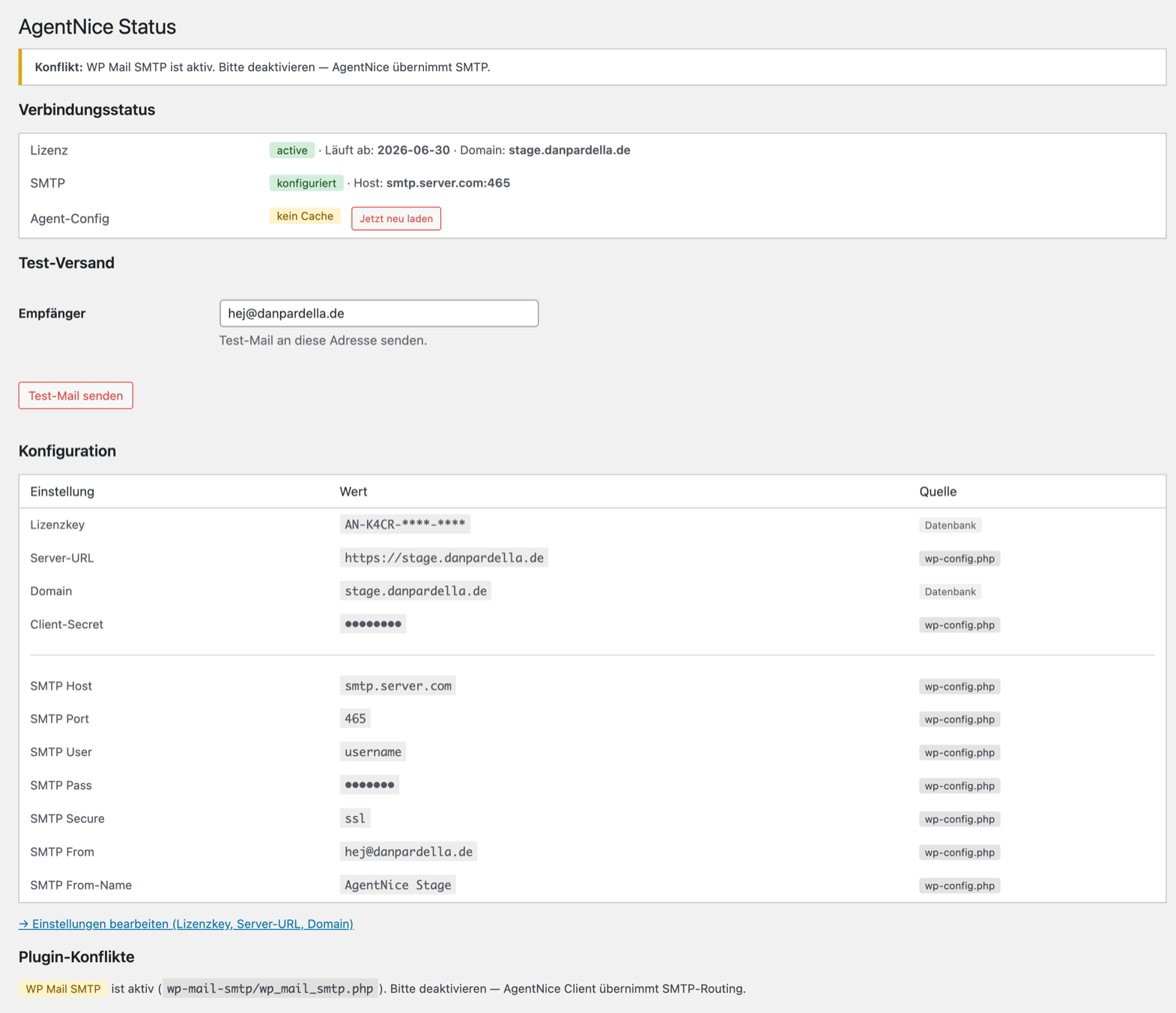AgentNice Status-Panel mit aktivem Konflikt-Banner: WP Mail SMTP ist als konfliktierendes Plugin markiert