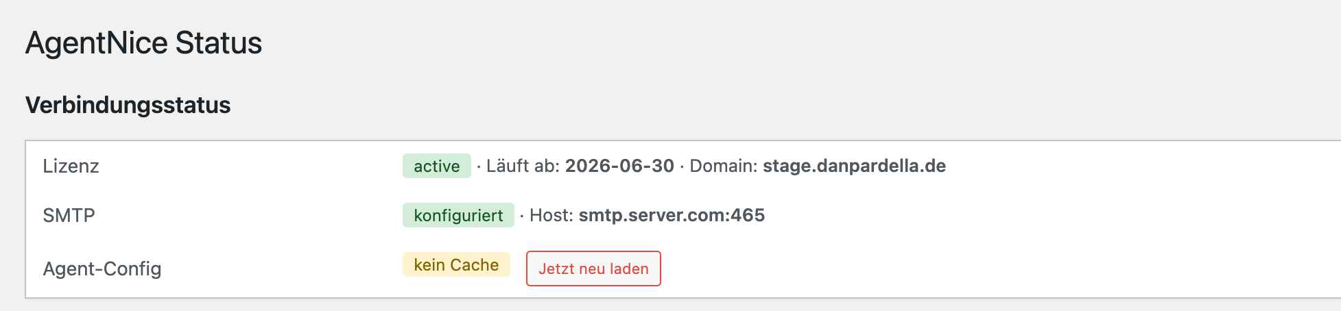 AgentNice Status-Panel im WordPress-Admin mit Verbindungsstatus, Test-Versand-Bereich und Konfigurations-Tabelle