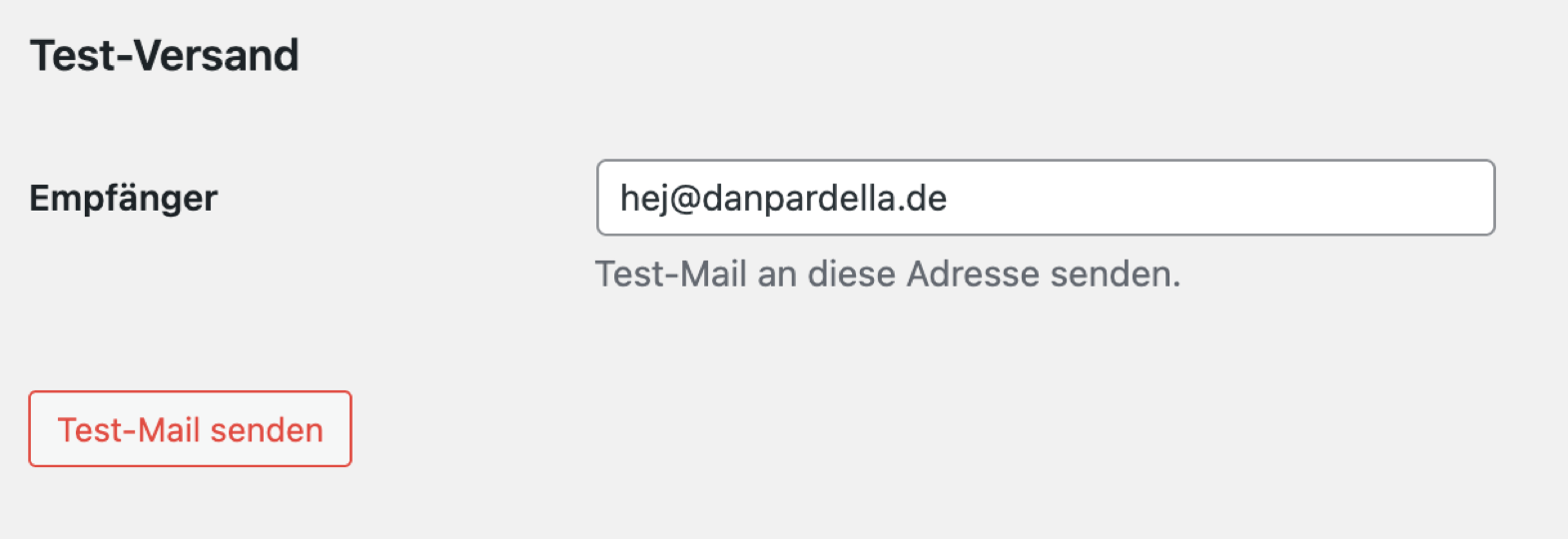 AgentNice Test-Versand-Bereich mit Eingabefeld für Empfänger-Adresse und Test-Mail-senden-Button