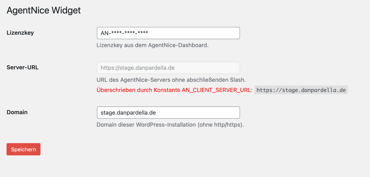 AgentNice Widget-Settings im WordPress-Admin mit Eingabefeldern für Lizenzkey, Server-URL und Domain